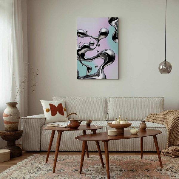 Canvas Print - Metallic Fluidity - Abstract Silver Forms on a Mint-Purple Background