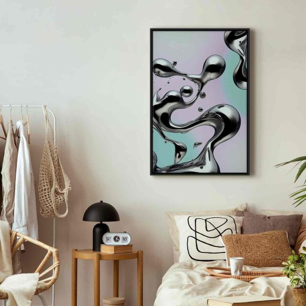 Canvas Print - Metallic Fluidity - Abstract Silver Forms on a Mint-Purple Background