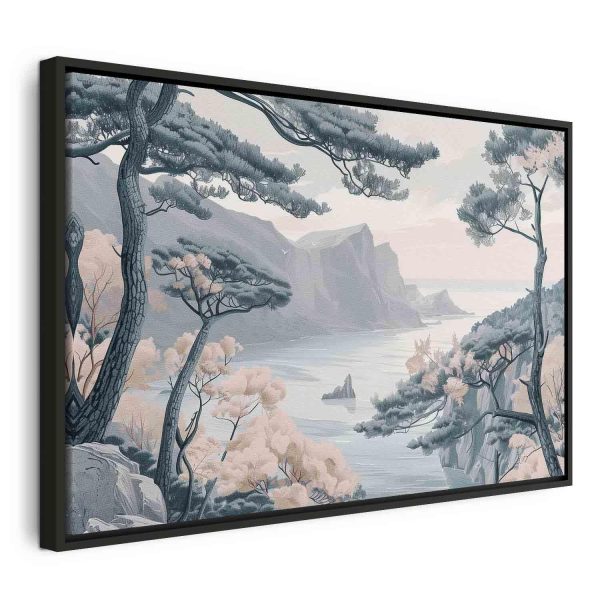 Canvas Print - Mountainous Coast with Trees and Rocks in Light Pastel Blues