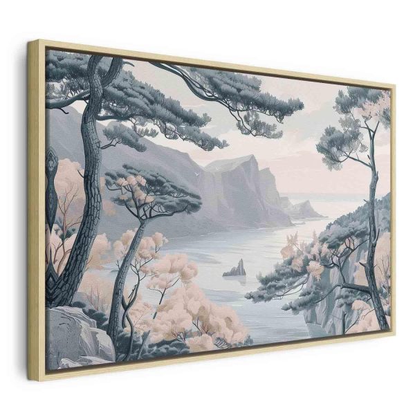 Canvas Print - Mountainous Coast with Trees and Rocks in Light Pastel Blues - Image 3