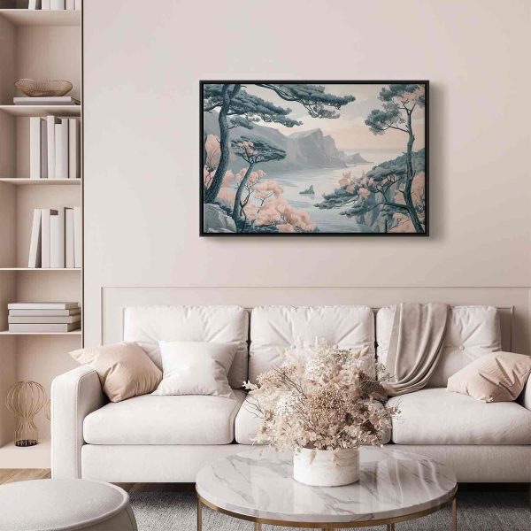 Canvas Print - Mountainous Coast with Trees and Rocks in Light Pastel Blues - Image 4