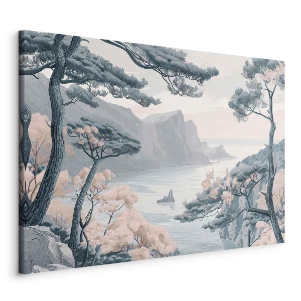Canvas Print - Mountainous Coast with Trees and Rocks in Light Pastel Blues - Image 2