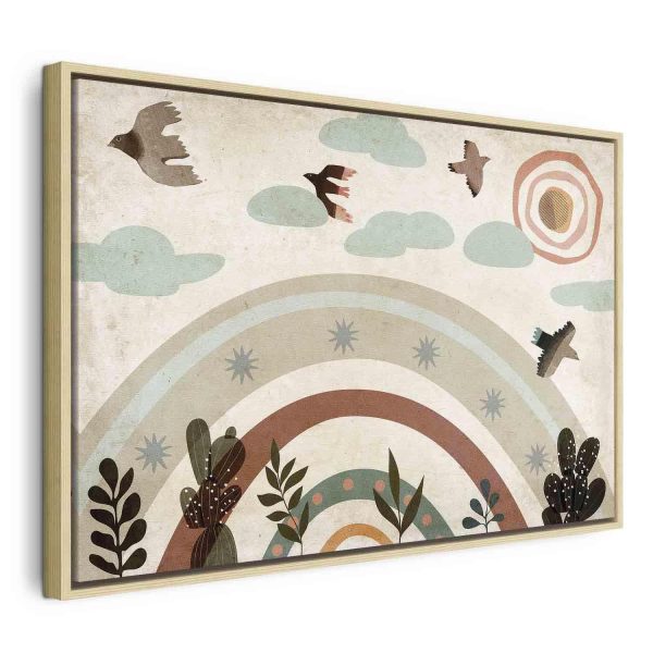 Canvas Print - Rainbow and Sun Above - Birds in Subdued Colors Flying Among Clouds Above a Rainbow and Various Plants on a Light Background - Image 3