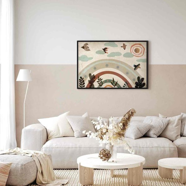 Canvas Print - Rainbow and Sun Above - Birds in Subdued Colors Flying Among Clouds Above a Rainbow and Various Plants on a Light Background - Image 4