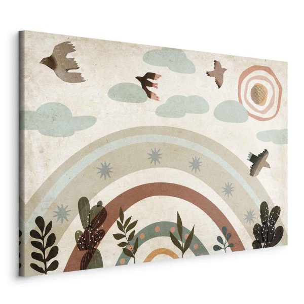 Canvas Print - Rainbow and Sun Above - Birds in Subdued Colors Flying Among Clouds Above a Rainbow and Various Plants on a Light Background