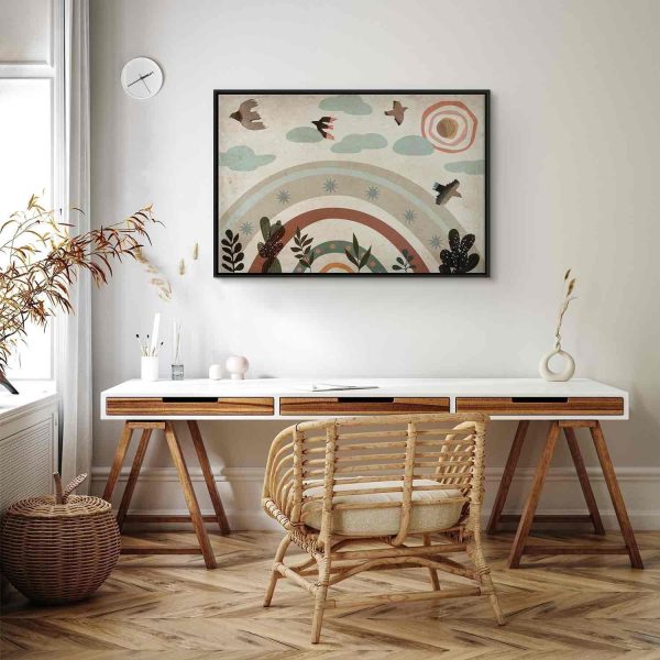 Canvas Print - Rainbow and Sun Above - Birds in Subdued Colors Flying Among Clouds Above a Rainbow and Various Plants on a Light Background - Image 12