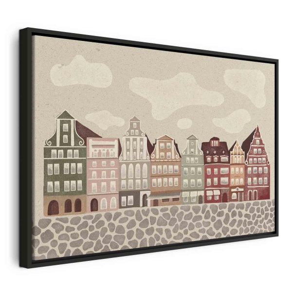 Canvas Print - Salt Square - Colorful Illustrated Townhouses Against a Cloudy Sky Background