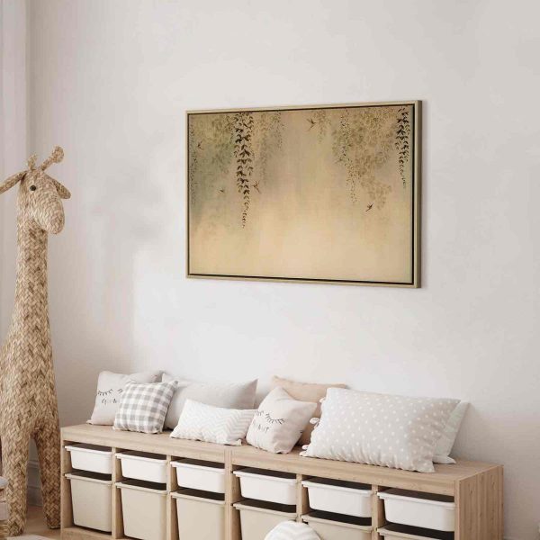 Canvas Print - Spring Orchard - Hummingbirds Among Tree Branches in Beige Shades