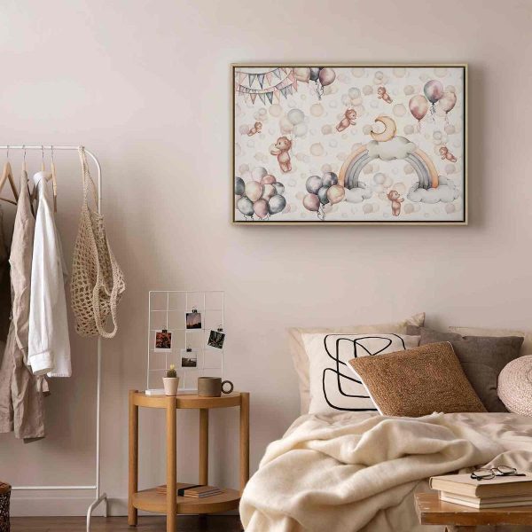 Canvas Print - Toy Bears with Balloons - Flying Plush Bears Among Balloons Clouds and Rainbows in Subtle Pastel Hues