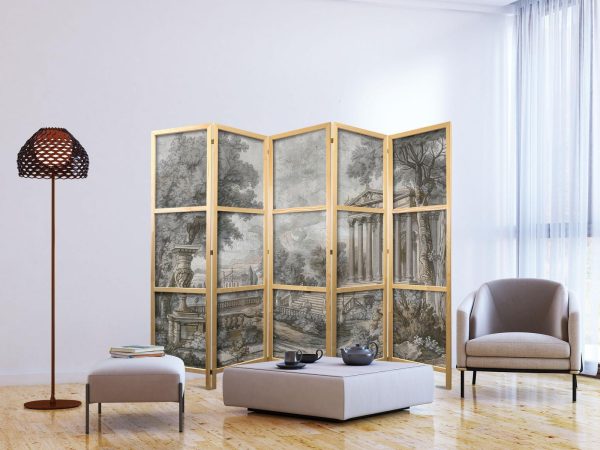 Japanese Room Divider - Antique Landscape - Greek Temple on a Hill Among Lush Vegetation - Image 3