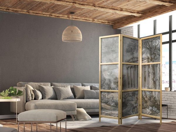 Japanese Room Divider - Antique Landscape - Greek Temple on a Hill Among Lush Vegetation