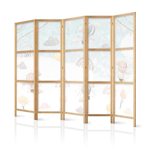 Japanese Room Divider - Balloons in the Sky - Balloons in pastel colors flying through a cloudy sky - among rainbows and stars