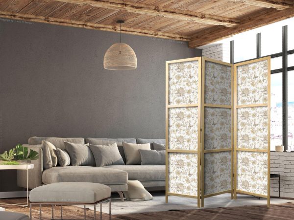 Japanese Room Divider - Beige Shades of Nature - Flowers and Butterflies on a White Background - Illustration - Image 2