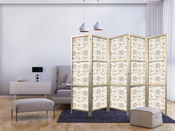 Japanese Room Divider - Beige Shades of Nature - Flowers and Butterflies on a White Background - Illustration - Image 2