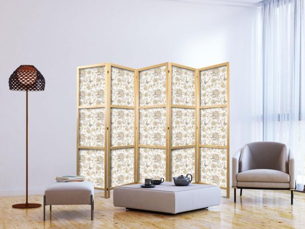 Japanese Room Divider - Beige Shades of Nature - Flowers and Butterflies on a White Background - Illustration - Image 3