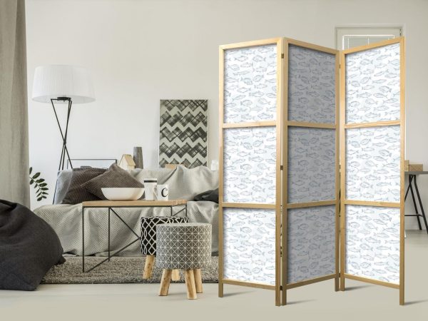 Japanese Room Divider - Blue Fish - Blue Outlines of Various Fish Species on a White-Blue Background - Image 2