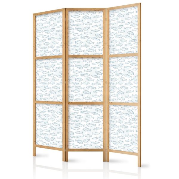 Japanese Room Divider - Blue Fish - Blue Outlines of Various Fish Species on a White-Blue Background