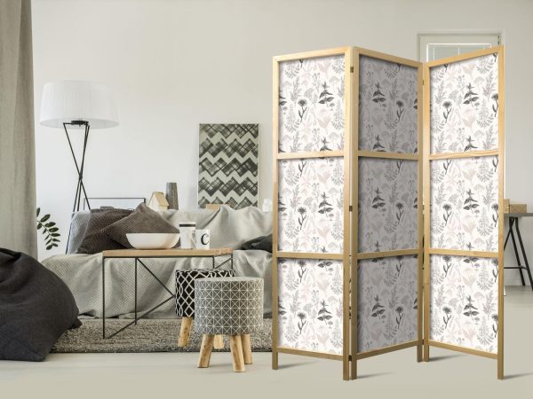 Japanese Room Divider - Botanical Illustration - Drawing of Flowers and Herbs - Beige Grays - Image 2
