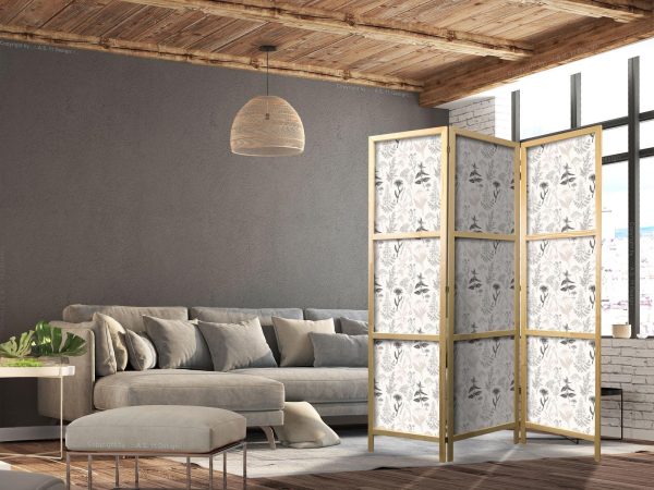 Japanese Room Divider - Botanical Illustration - Drawing of Flowers and Herbs - Beige Grays - Image 3