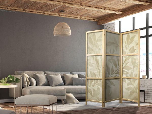 Japanese Room Divider - Botanical Motif with Leaves and Vines in Sandy Colors