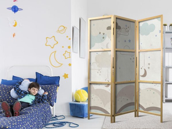 Japanese Room Divider - Cloudy Night Sky - Moons in browns and beiges among numerous clouds and stars on a light background - Image 2