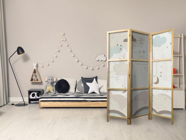 Japanese Room Divider - Cloudy Night Sky - Moons in browns and beiges among numerous clouds and stars on a light background