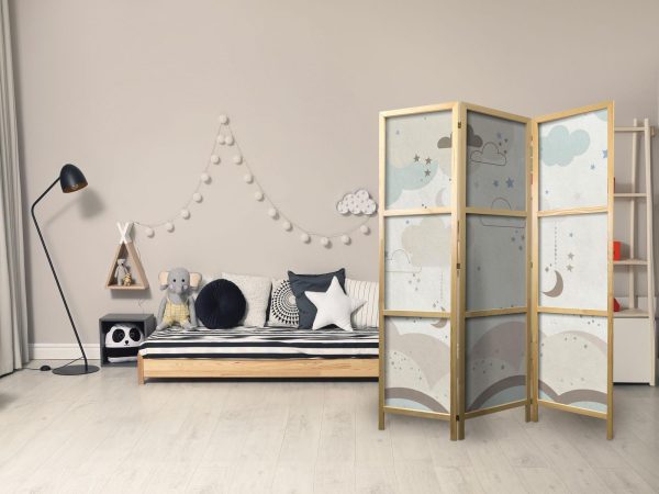 Japanese Room Divider - Cloudy Night Sky - Moons in browns and beiges among numerous clouds and stars on a light background - Image 3