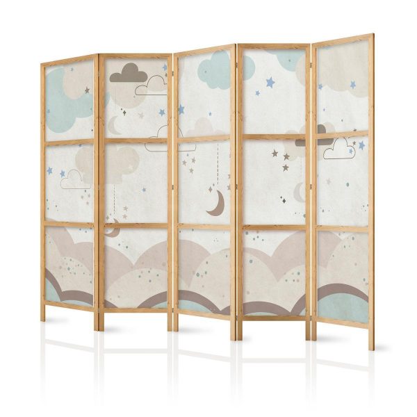 Japanese Room Divider - Cloudy Night Sky - Moons in browns and beiges among numerous clouds and stars on a light background