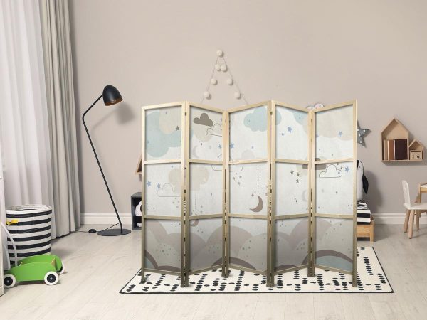 Japanese Room Divider - Cloudy Night Sky - Moons in browns and beiges among numerous clouds and stars on a light background