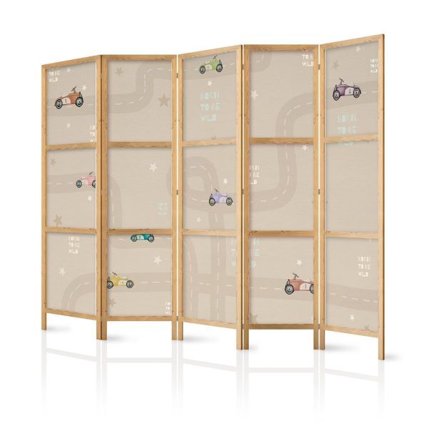 Japanese Room Divider - Cloudy Night Sky - Moons in browns and beiges among numerous clouds and stars on a light background