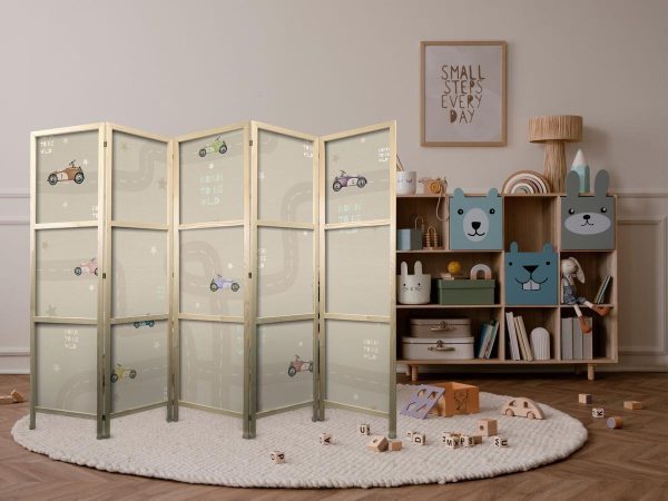 Japanese Room Divider - Cloudy Night Sky - Moons in browns and beiges among numerous clouds and stars on a light background