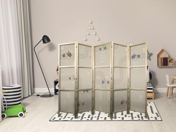 Japanese Room Divider - Cloudy Night Sky - Moons in browns and beiges among numerous clouds and stars on a light background