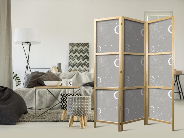 Japanese Room Divider - Cosmic Fireworks - Elegant Pattern with Moons and Stars on a Gray Background - Image 2