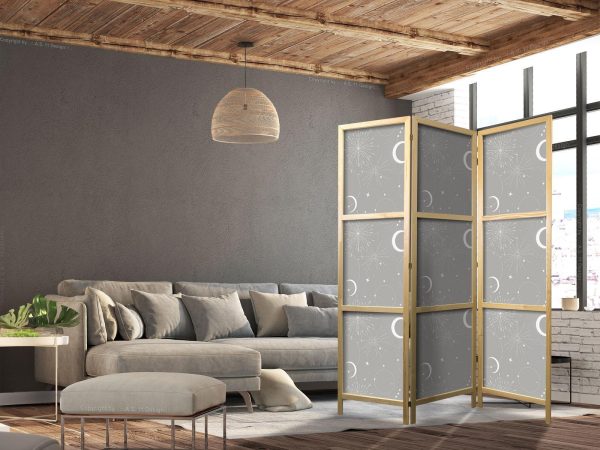 Japanese Room Divider - Cosmic Fireworks - Elegant Pattern with Moons and Stars on a Gray Background - Image 3