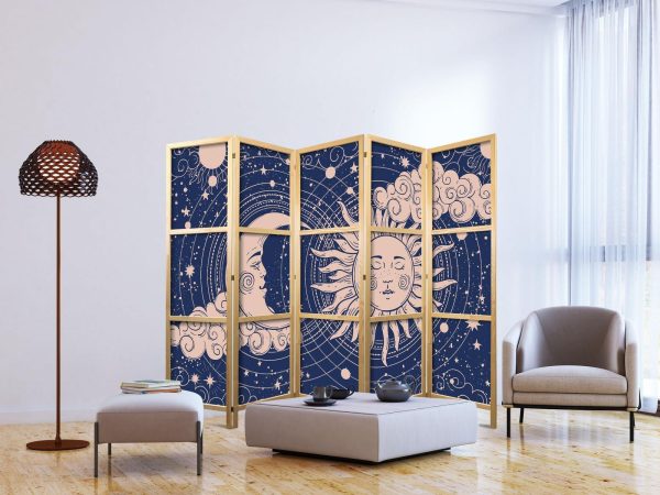 Japanese Room Divider - Cosmic Harmony - Illustration of the Sun and Moon on a Navy Background - Image 3