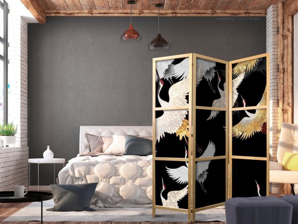 Japanese Room Divider - Cranes at Night - White and Gold Birds Flying Away on a Black Background - Image 2