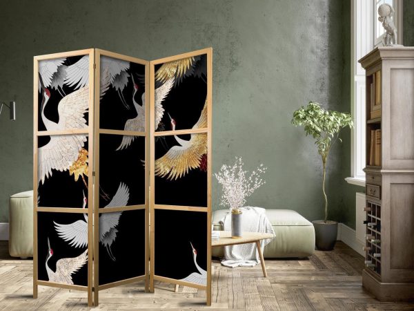 Japanese Room Divider - Cranes at Night - White and Gold Birds Flying Away on a Black Background - Image 3