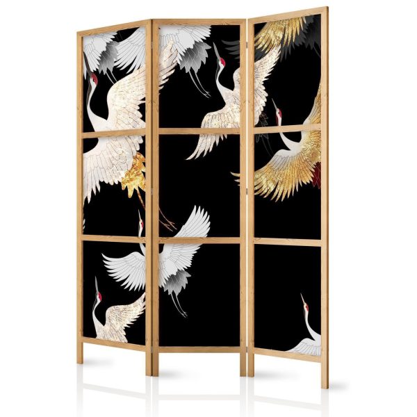 Japanese Room Divider - Cranes at Night - White and Gold Birds Flying Away on a Black Background