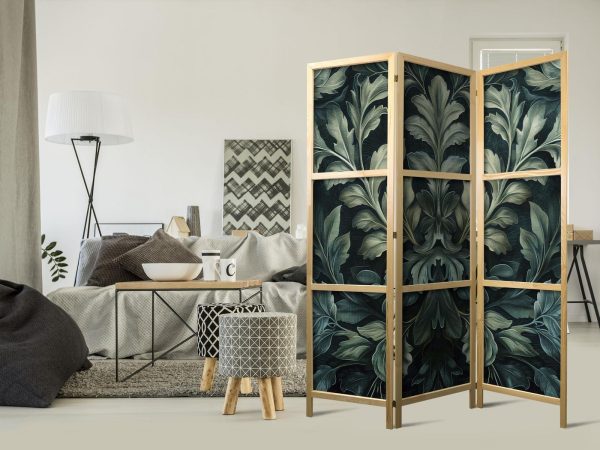 Japanese Room Divider - Dark Green Victorian Leaves - Botanical Carved Composition - Image 2