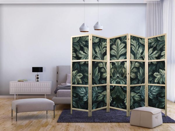 Japanese Room Divider - Dark Green Victorian Leaves - Botanical Carved Composition - Image 2