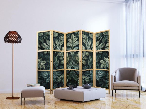 Japanese Room Divider - Dark Green Victorian Leaves - Botanical Carved Composition - Image 3