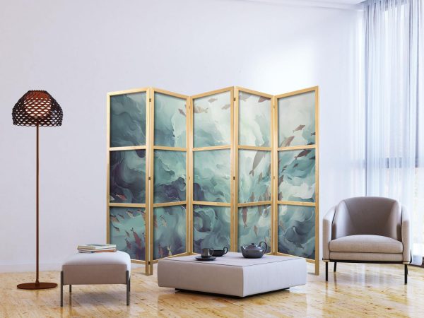 Japanese Room Divider - Escaping Fish - Very Fast Swimming Fish in Muted Colors Among Ocean Depths - Image 3