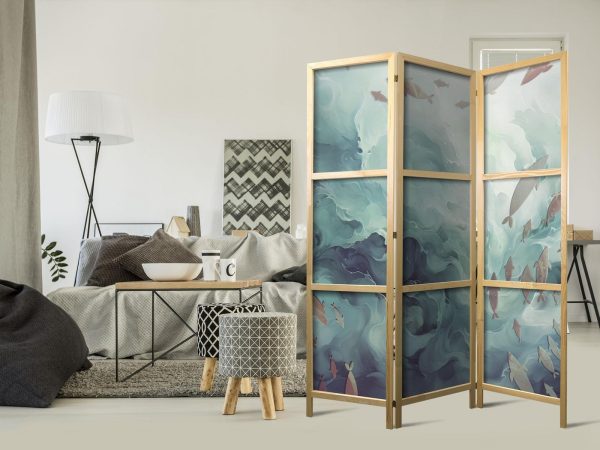 Japanese Room Divider - Escaping Fish - Very Fast Swimming Fish in Muted Colors Among Ocean Depths - Image 2