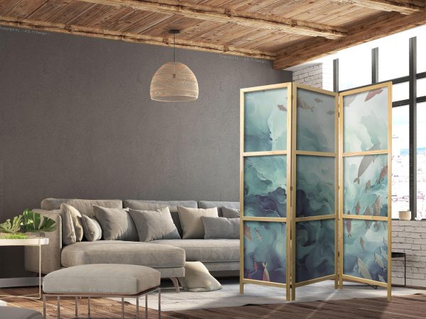 Japanese Room Divider - Escaping Fish - Very Fast Swimming Fish in Muted Colors Among Ocean Depths - Image 3