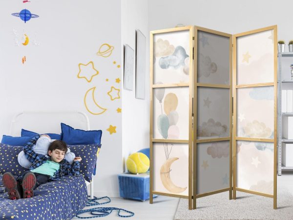 Japanese Room Divider - Fairy-Tale Moon - Moon with Balloons Among Clouds and Stars in Subdued Colors on a Light Beige Background - Image 2