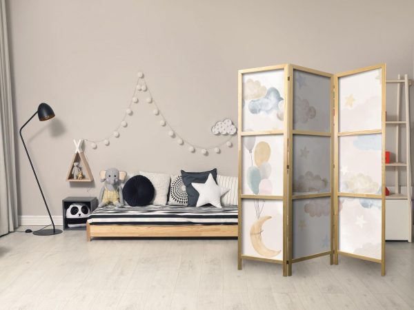 Japanese Room Divider - Fairy-Tale Moon - Moon with Balloons Among Clouds and Stars in Subdued Colors on a Light Beige Background - Image 3