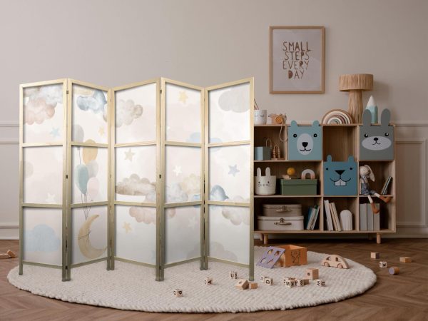 Japanese Room Divider - Fairy-Tale Moon - Moon with balloons among clouds and stars in subdued colors on a light beige background - Image 2
