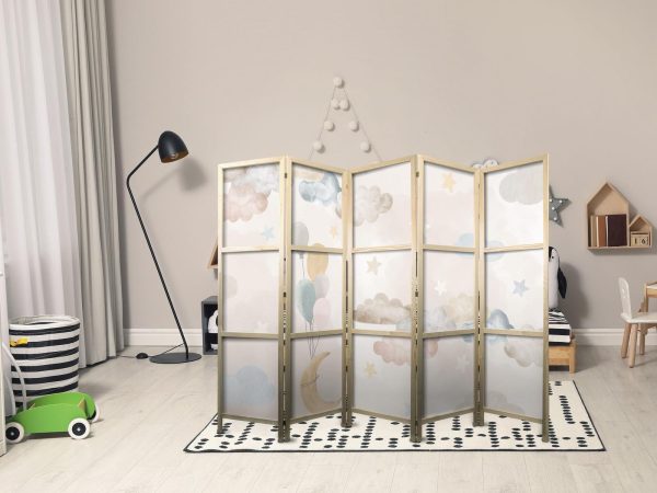 Japanese Room Divider - Fairy-Tale Moon - Moon with balloons among clouds and stars in subdued colors on a light beige background - Image 3