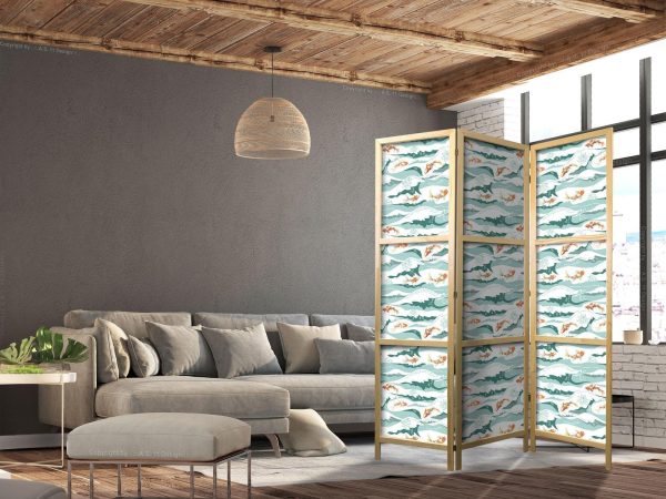 Japanese Room Divider - Fish Jumping Over Waves - Oriental Fish and Water Lilies Among High Waves in Shades of Sea Green - Image 3