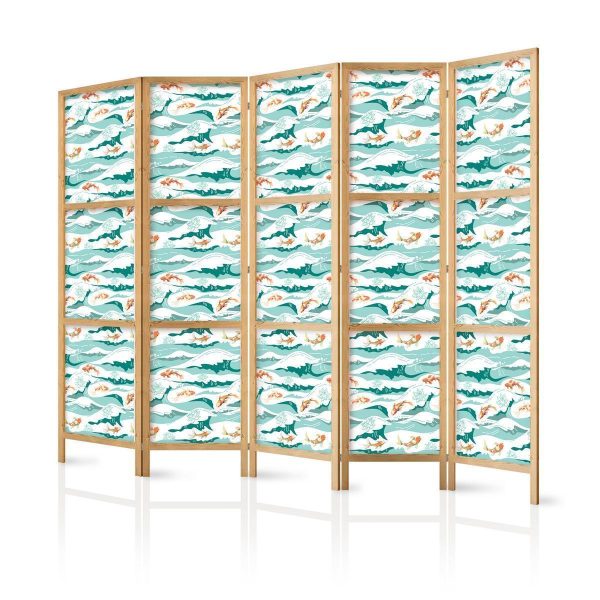 Japanese Room Divider - Fish Jumping Over Waves - Oriental Fish and Water Lilies Among High Waves in Shades of Sea Green